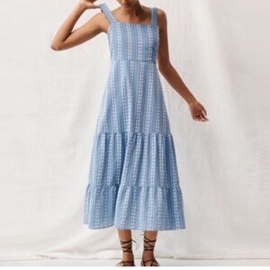 Madewell Blue White Embroidered Button-Back Tiered Midi Sundress size 16 Petite
